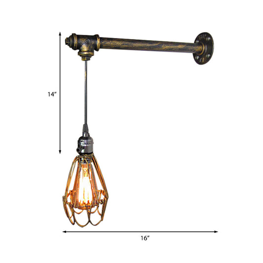 Frendorf | 1 Kopf Eisen Wandlampe Rustikaler Stil Antikes Messing Käfigschatten Esszimmer Wandleuchte mit Rohr