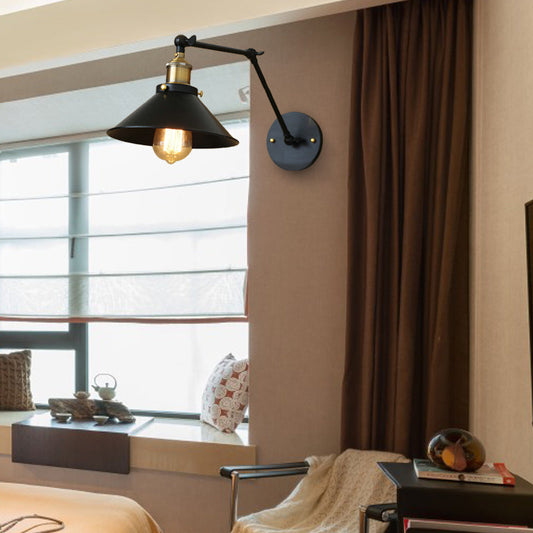 Frendorf | 1 Licht Conische Wandlamp Vintage Zwarte Afwerking Metalen Arm Verstelbare Wandverlichting voor Eettafel