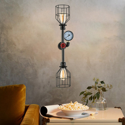 Frendorf | Metalen Kooi Schaduw Wandlamp Fixture Industrieel 2 Lampen Woonkamer Wandverlichting met Gauge en Pijp in Zwart