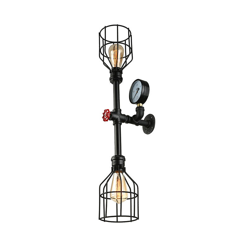 Frendorf | Metalen Kooi Schaduw Wandlamp Fixture Industrieel 2 Lampen Woonkamer Wandverlichting met Gauge en Pijp in Zwart