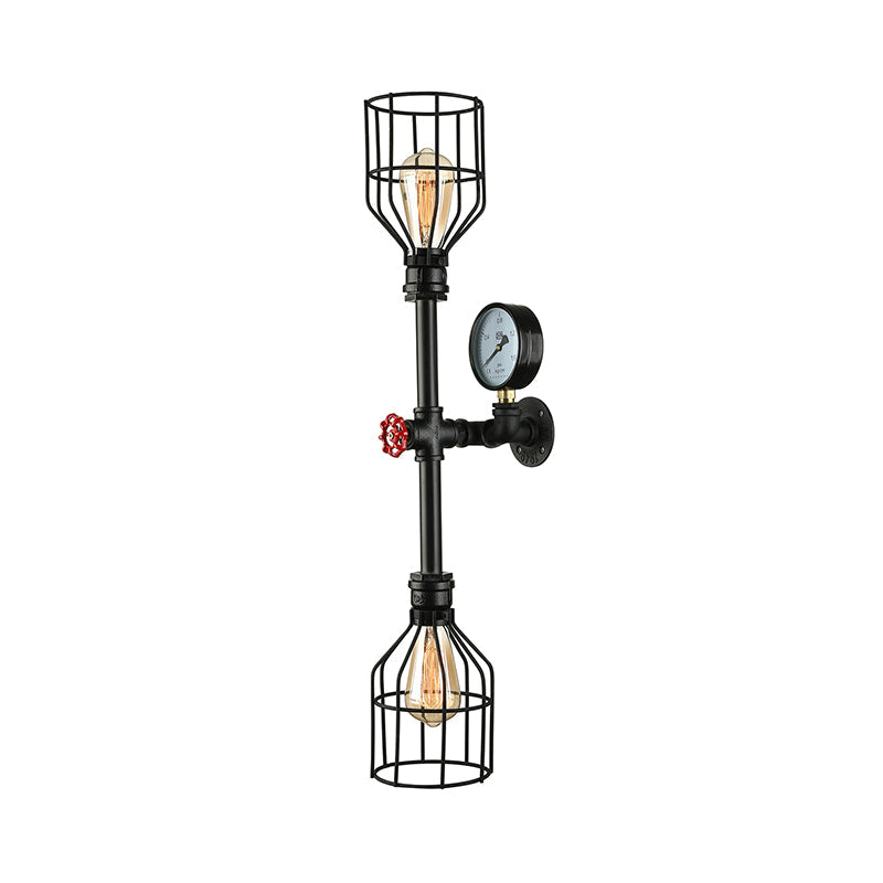 Frendorf | Metalen Kooi Schaduw Wandlamp Fixture Industrieel 2 Lampen Woonkamer Wandverlichting met Gauge en Pijp in Zwart