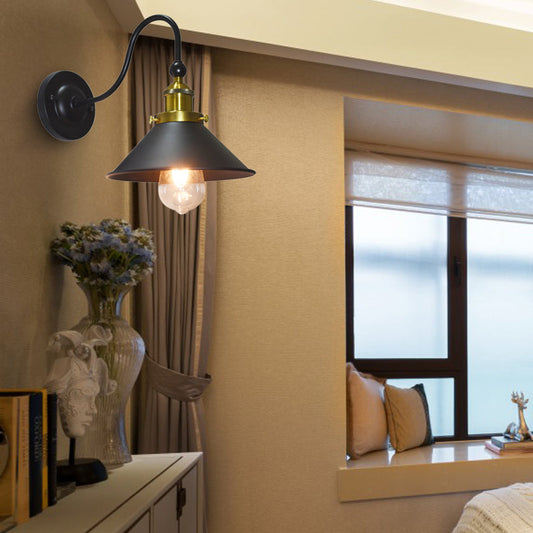 Frendorf | Schwarz 1 Licht Wandbeleuchtung Retro-Stil Metall konische Shade Wandleuchte mit Schwanenhalsarm für Flur