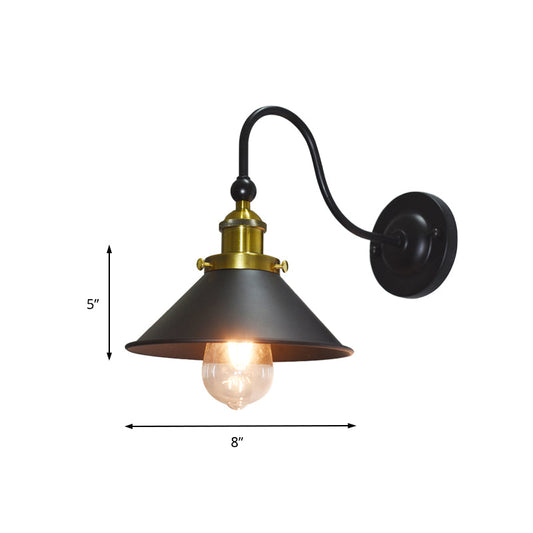 Frendorf | Schwarz 1 Licht Wandbeleuchtung Retro-Stil Metall konische Shade Wandleuchte mit Schwanenhalsarm für Flur