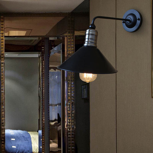 Frendorf | Metallische konische Wandbeleuchtung im Vintage-Stil 1 Glühbirne Schlafzimmer Wand-Wandleuchte mit gekrümmtem Arm in Schwarz