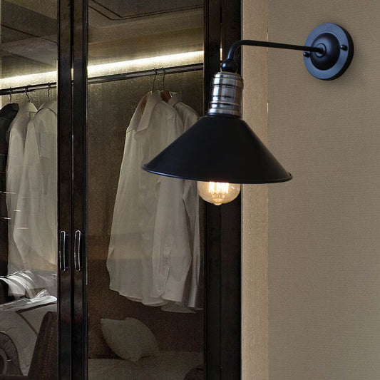 Frendorf | Metallische konische Wandbeleuchtung im Vintage-Stil 1 Glühbirne Schlafzimmer Wand-Wandleuchte mit gekrümmtem Arm in Schwarz
