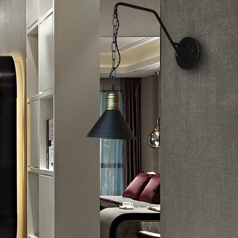 Schwarze konische Wandbeleuchtung Industrielles Retro-Eisen 1 Licht Esszimmer Wandleuchte mit Kette