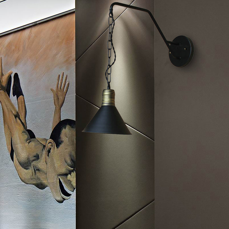 Schwarze konische Wandbeleuchtung Industrielles Retro-Eisen 1 Licht Esszimmer Wandleuchte mit Kette