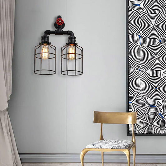 Frendorf | Doppelt Gekäfigte Eisen Wandlampe mit Ventilrad Industrielle 2 Lichter Flur Wandlicht Fixture in Schwarz
