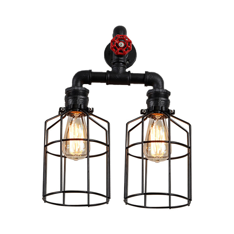 Frendorf | Doppelt Gekäfigte Eisen Wandlampe mit Ventilrad Industrielle 2 Lichter Flur Wandlicht Fixture in Schwarz