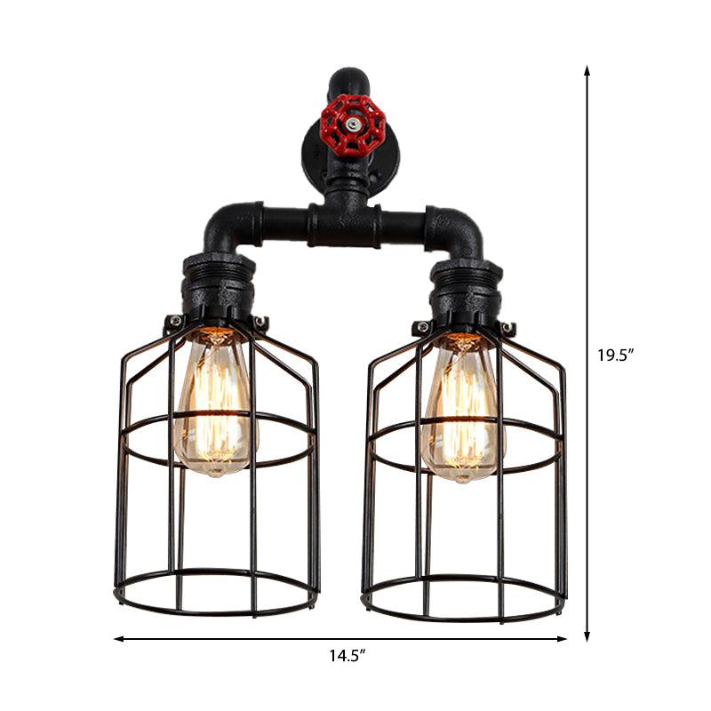 Frendorf | Doppelt Gekäfigte Eisen Wandlampe mit Ventilrad Industrielle 2 Lichter Flur Wandlicht Fixture in Schwarz