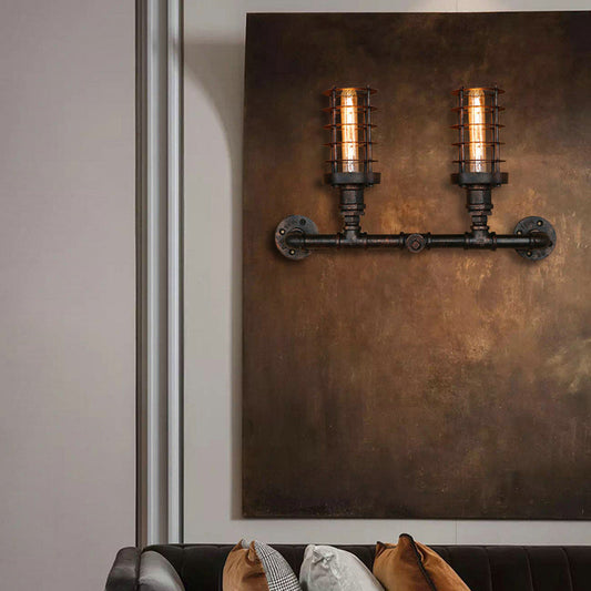 Frendorf | Steampunk Stil Zylinder Wandlampe mit Drahtgestell 2 Köpfen Eisen Wandleuchte in Gealtertem Bronze für Wohnzimmer