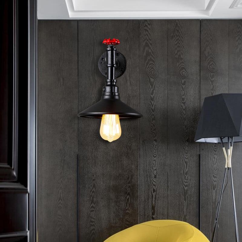 Frendorf | 1 Kopf Metall Wandmontage Licht Vintage Industriell Schwarz Kegelschirm Esszimmer Wandbeleuchtung mit Rohrleitungen