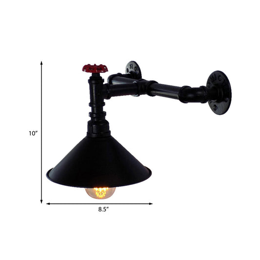 Frendorf | 1 Kopf Metall Wandmontage Licht Vintage Industriell Schwarz Kegelschirm Esszimmer Wandbeleuchtung mit Rohrleitungen