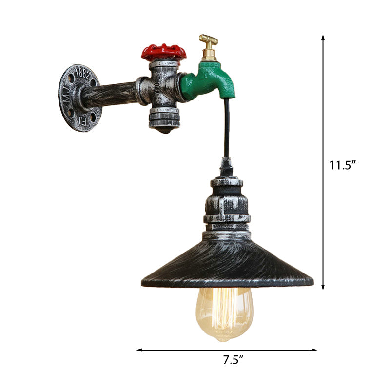 Frendorf | Steampunk Wandlamp met Conische Schaduw 1 Lamp Gietijzeren Muurlicht in Verouderd Zilver
