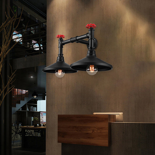 Frendorf | Industrielle Kegel Wandlampe mit rohem Ventil 2 Köpfe Metall Wandleuchte in Schwarz für Flur