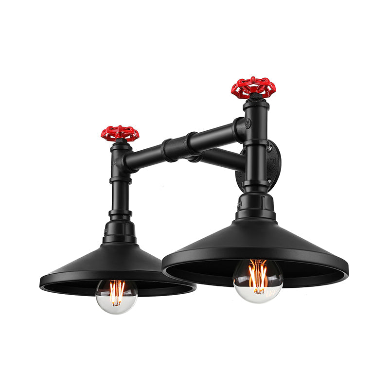 Frendorf | Industrielle Kegel Wandlampe mit rohem Ventil 2 Köpfe Metall Wandleuchte in Schwarz für Flur