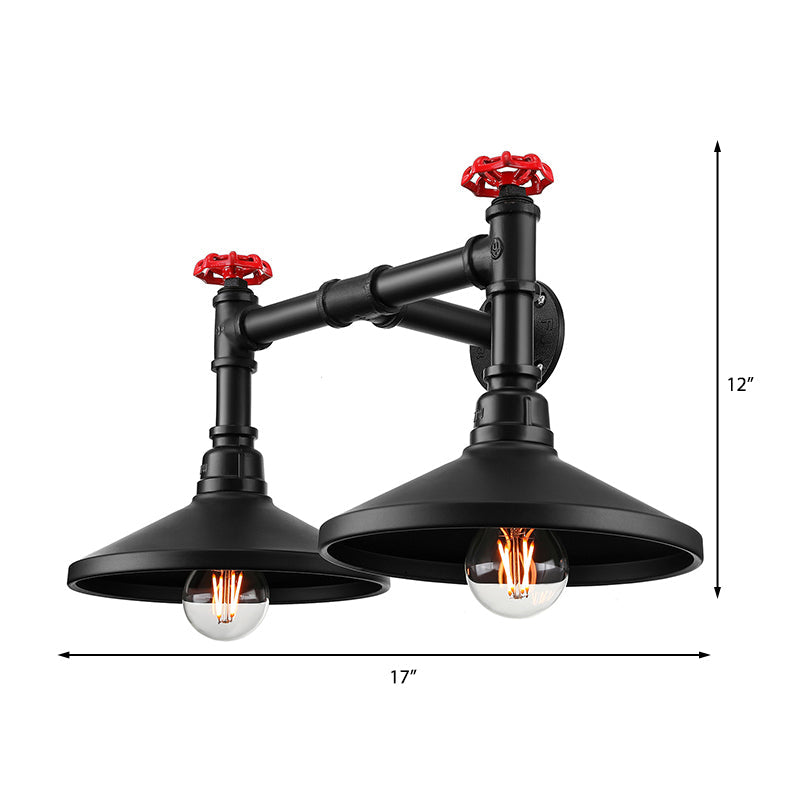 Frendorf | Industrielle Kegel Wandlampe mit rohem Ventil 2 Köpfe Metall Wandleuchte in Schwarz für Flur