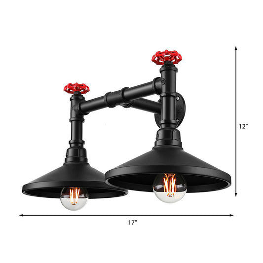 Frendorf | Industrielle Kegel Wandlampe mit rohem Ventil 2 Köpfe Metall Wandleuchte in Schwarz für Flur