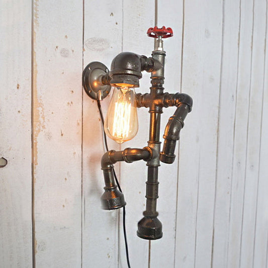 Frendorf | Bronze Finish Robot Sconce Light mit Expose Bulb und Red Valve Vintage Metallic 1 Head Flur Wandbeleuchtung