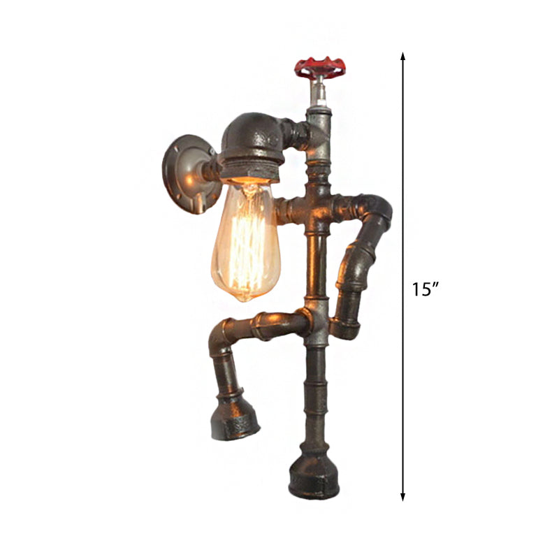 Frendorf | Bronze Finish Robot Sconce Light mit Expose Bulb und Red Valve Vintage Metallic 1 Head Flur Wandbeleuchtung