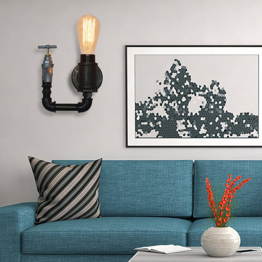 Frendorf | Schwarze Wasserrohr-Wandleuchte Industrielles Metall 1 Licht Wohnzimmer Mini Wandleuchte mit Druckmesser/Armatur Dekoration