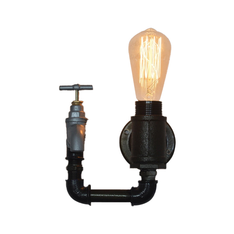 Frendorf | Schwarze Wasserrohr-Wandleuchte Industrielles Metall 1 Licht Wohnzimmer Mini Wandleuchte mit Druckmesser/Armatur Dekoration