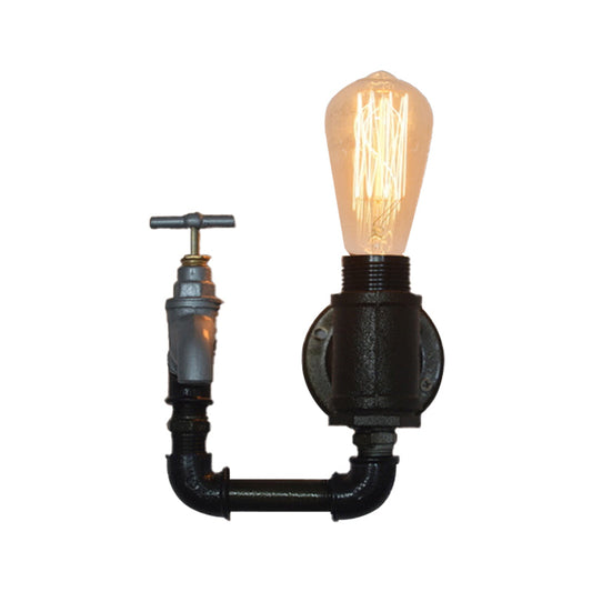 Frendorf | Schwarze Wasserrohr-Wandleuchte Industrielles Metall 1 Licht Wohnzimmer Mini Wandleuchte mit Druckmesser/Armatur Dekoration