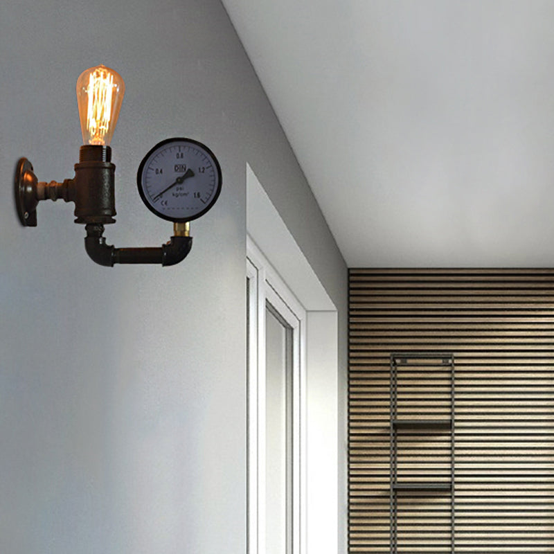 Frendorf | Schwarze Wasserrohr-Wandleuchte Industrielles Metall 1 Licht Wohnzimmer Mini Wandleuchte mit Druckmesser/Armatur Dekoration