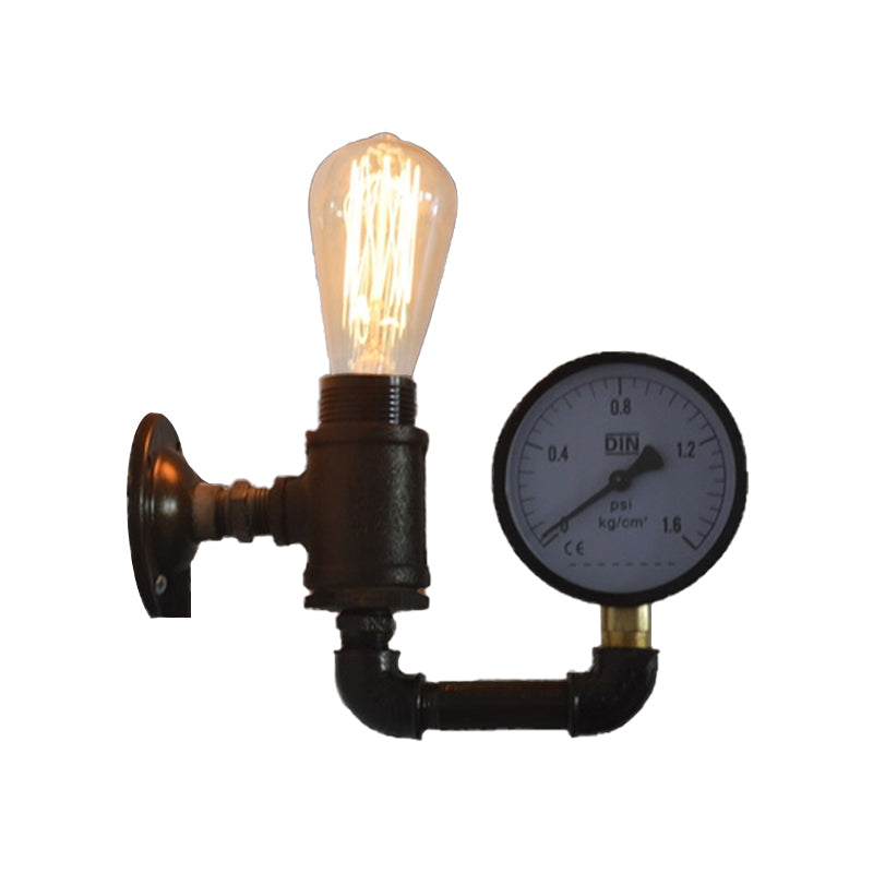Frendorf | Schwarze Wasserrohr-Wandleuchte Industrielles Metall 1 Licht Wohnzimmer Mini Wandleuchte mit Druckmesser/Armatur Dekoration
