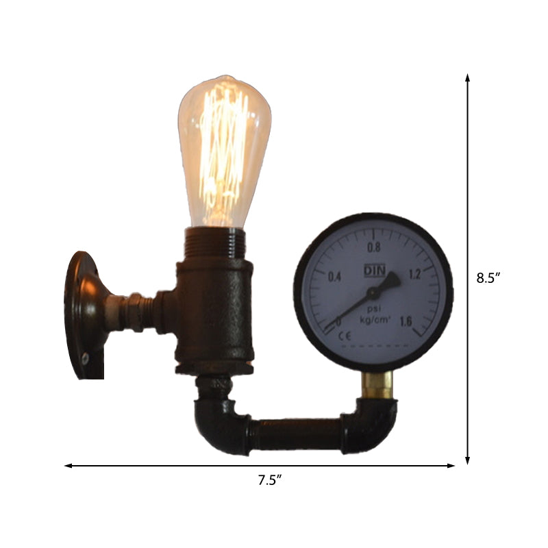 Frendorf | Schwarze Wasserrohr-Wandleuchte Industrielles Metall 1 Licht Wohnzimmer Mini Wandleuchte mit Druckmesser/Armatur Dekoration