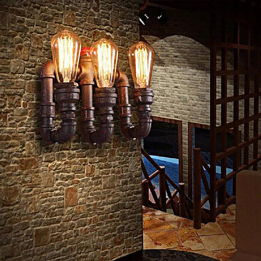 Frendorf | 3 Lichter Eisen Wandleuchte Vintage Stil Rost Wasserrohr Treppenwand Sconce Licht mit freiliegender Glühbirne