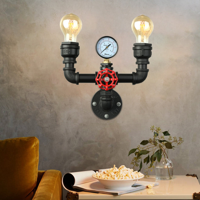 Frendorf | 2/3 Lichten Wandmontage Licht mit Pijp und Meter Metall Steampunk Restaurant Wandbeleuchtung in Schwarz
