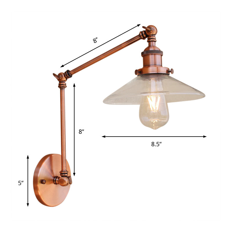 Frendorf | Rustikale konische Wandbeleuchtung 1 Glühlampe klares Glas Wandleuchte in Kupfer für Café