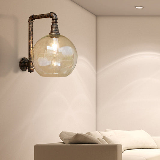 Frendorf | Globe Stairway Wandlamp Industrieel Duidelijk Glas 1 Licht Verouderd Messing Wandmontage Licht met Hoekpijp, 8"/10" Breedte