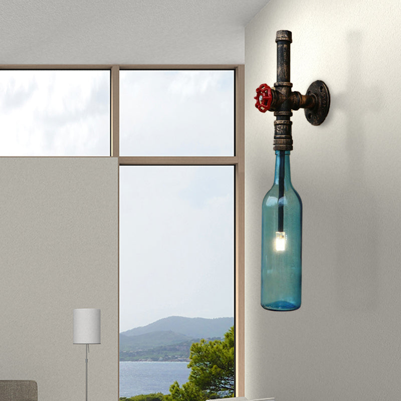 Frendorf | Glas wijnfles muurverlichting rustiek industrieel 1 licht restaurant blauw/doorzichtig wandlamp licht met rode klep