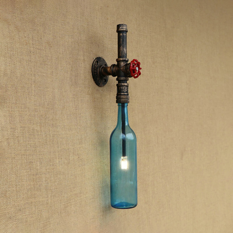 Frendorf | Glas wijnfles muurverlichting rustiek industrieel 1 licht restaurant blauw/doorzichtig wandlamp licht met rode klep