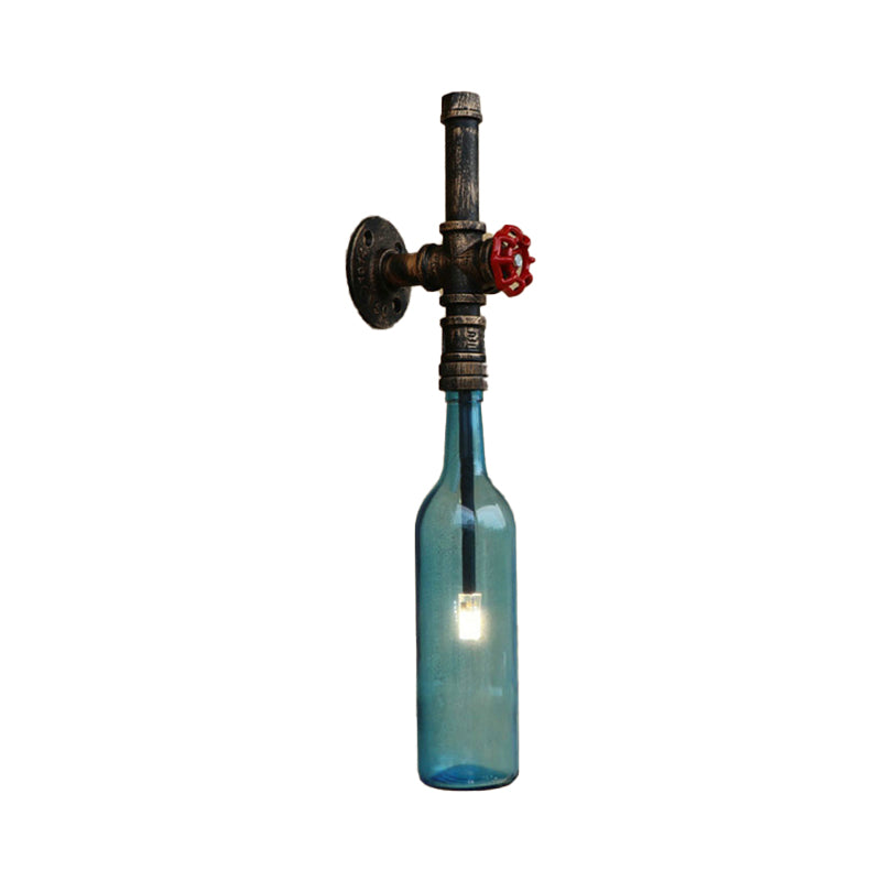 Frendorf | Glas wijnfles muurverlichting rustiek industrieel 1 licht restaurant blauw/doorzichtig wandlamp licht met rode klep