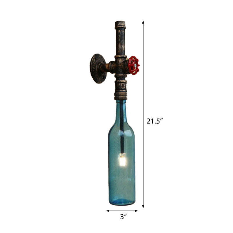 Frendorf | Glas wijnfles muurverlichting rustiek industrieel 1 licht restaurant blauw/doorzichtig wandlamp licht met rode klep