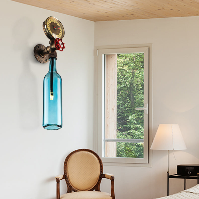 Frendorf | Braun/Blaue Flasche Wand Scone Lampe Vintage Stilvolle Glas 1 Glühbirne Wohnzimmer Wandbeleuchtung mit Manometer und Ventil