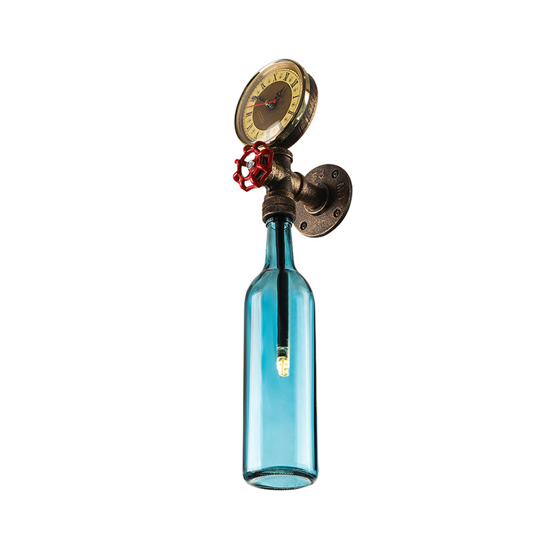 Frendorf | Braun/Blaue Flasche Wand Scone Lampe Vintage Stilvolle Glas 1 Glühbirne Wohnzimmer Wandbeleuchtung mit Manometer und Ventil