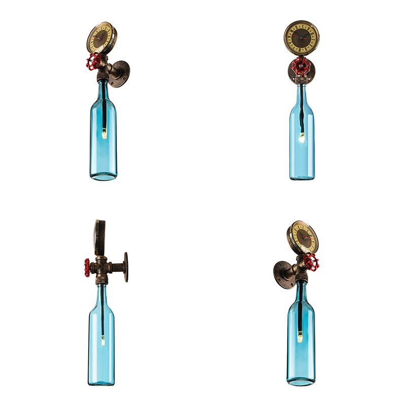 Frendorf | Braun/Blaue Flasche Wand Scone Lampe Vintage Stilvolle Glas 1 Glühbirne Wohnzimmer Wandbeleuchtung mit Manometer und Ventil