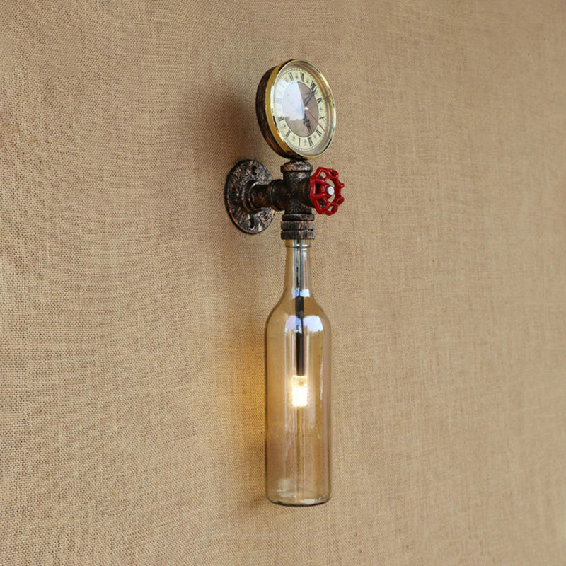Frendorf | Braun/Blaue Flasche Wand Scone Lampe Vintage Stilvolle Glas 1 Glühbirne Wohnzimmer Wandbeleuchtung mit Manometer und Ventil