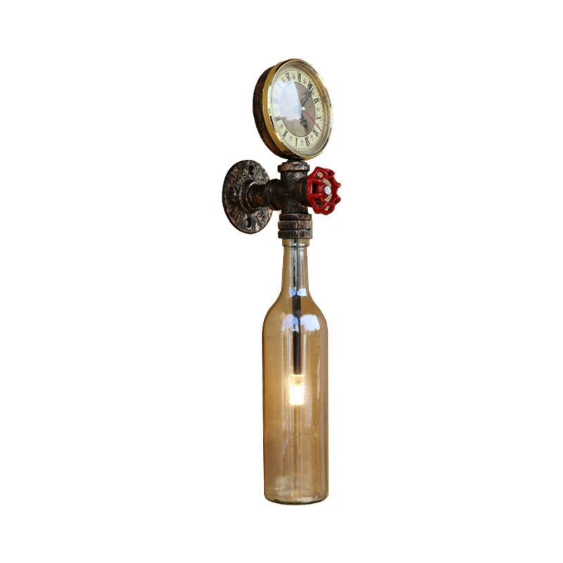 Frendorf | Braun/Blaue Flasche Wand Scone Lampe Vintage Stilvolle Glas 1 Glühbirne Wohnzimmer Wandbeleuchtung mit Manometer und Ventil