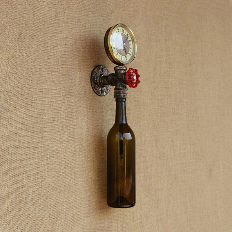 Frendorf | Braun/Blaue Flasche Wand Scone Lampe Vintage Stilvolle Glas 1 Glühbirne Wohnzimmer Wandbeleuchtung mit Manometer und Ventil