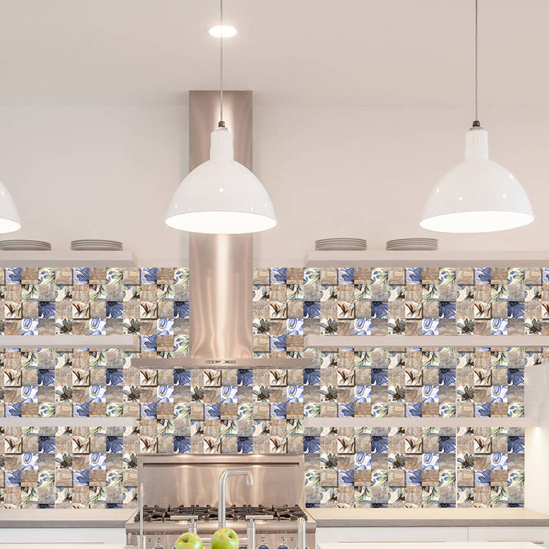 Frendorf | Flower Tile Wallpaper Panel Countryside PVC Adhesive Wall Covering in Blue-Brown for Bath