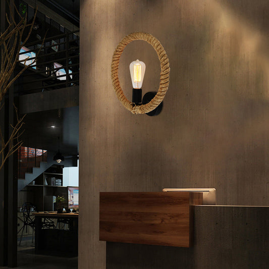Frendorf | Geknoopte Ring Wandlamp met Open Gloeilamp Boerderij 1 Licht Hal Vaste Lamp in Zwart