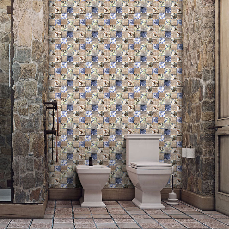 Frendorf | Flower Tile Wallpaper Panel Countryside PVC Adhesive Wall Covering in Blue-Brown for Bath