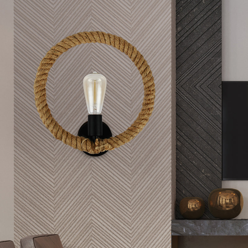 Frendorf | Geknoopte Ring Wandlamp met Open Gloeilamp Boerderij 1 Licht Hal Vaste Lamp in Zwart
