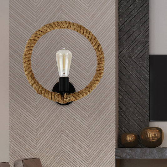 Frendorf | Geknoopte Ring Wandlamp met Open Gloeilamp Boerderij 1 Licht Hal Vaste Lamp in Zwart