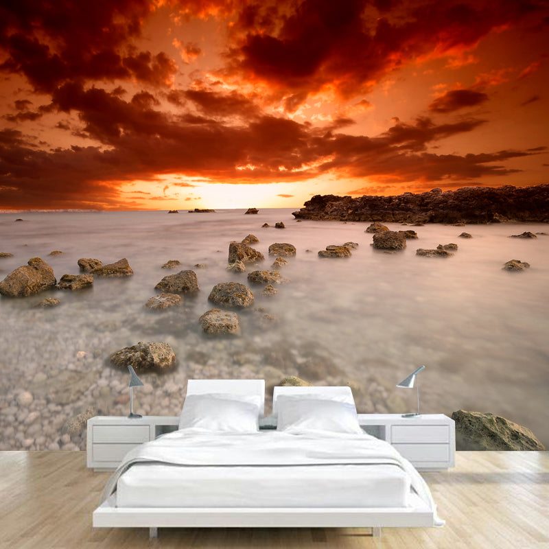 Frendorf | Huge Sea Shoal Stones Mural Indoor Sunset Landscape Wall Covering in White-Orange, Stain-Proof
